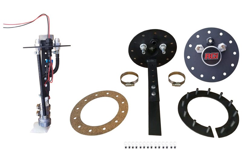 RCI Fuel Pump Hanger, 12 Bolt Round, 8 AN Fittings, Gaskets/Hardware Included, Aluminum, Black Anodize, Kit, Model Number: 7080A